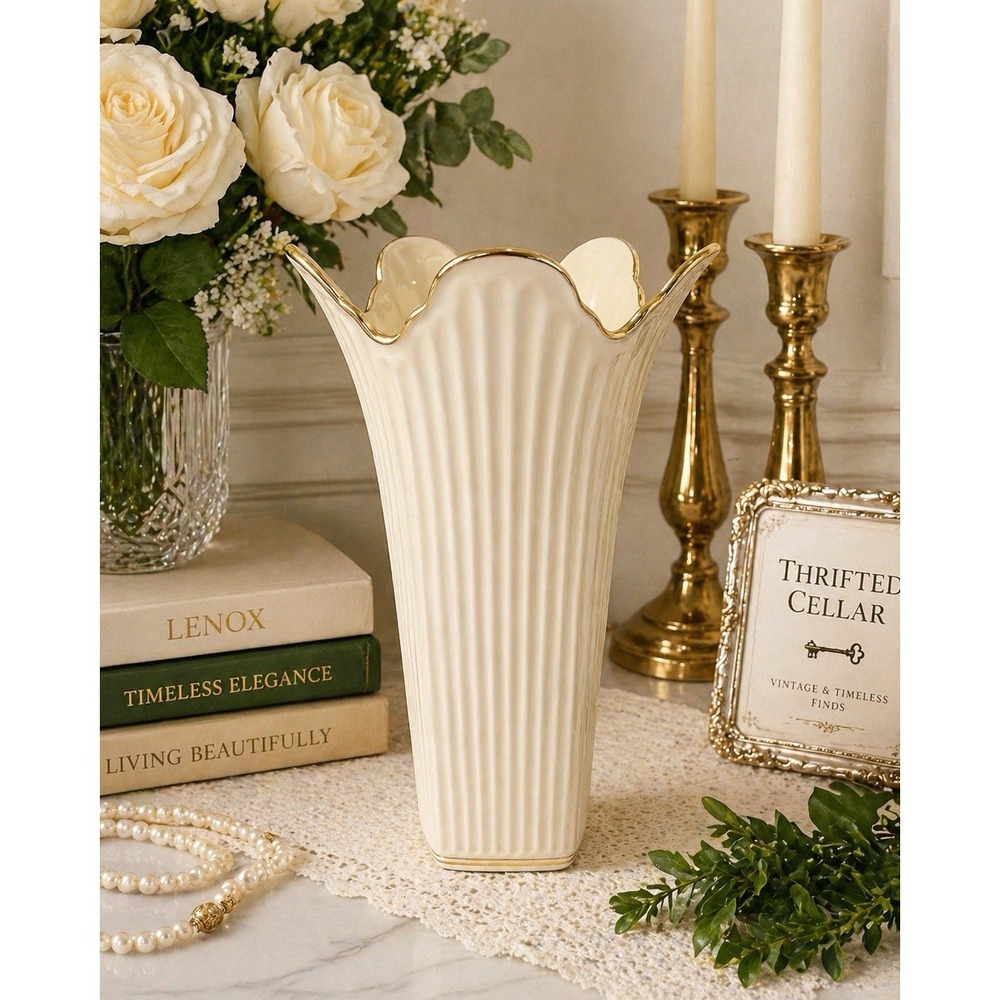 Lenox Meridian Small Vase Ivory Porcelain Gold Trim Fluted 8" Tall
